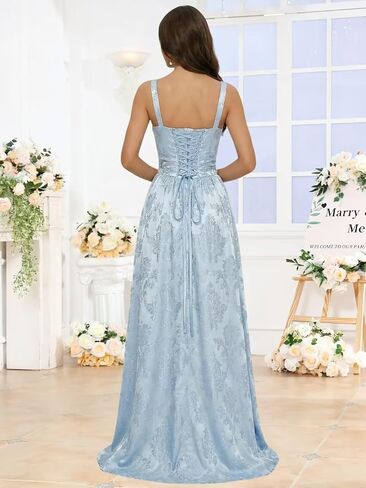 Floral Jacquard Bridesmaid Dresses for Women Satin Spaghetti Strap Prom Formal Evening Party Dress with Slit in Kuwait