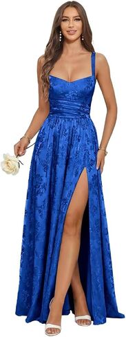 Floral Jacquard Bridesmaid Dresses for Women Satin Spaghetti Strap Prom Formal Evening Party Dress with Slit in Kuwait