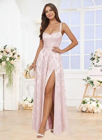 Floral Jacquard Bridesmaid Dresses for Women Satin Spaghetti Strap Prom Formal Evening Party Dress with Slit in Kuwait