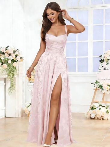 Floral Jacquard Bridesmaid Dresses for Women Satin Spaghetti Strap Prom Formal Evening Party Dress with Slit in Kuwait
