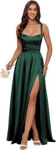 Floral Jacquard Bridesmaid Dresses for Women Satin Spaghetti Strap Prom Formal Evening Party Dress with Slit in Kuwait