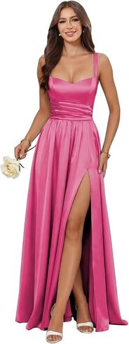 Floral Jacquard Bridesmaid Dresses for Women Satin Spaghetti Strap Prom Formal Evening Party Dress with Slit in Kuwait