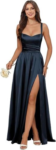 Floral Jacquard Bridesmaid Dresses for Women Satin Spaghetti Strap Prom Formal Evening Party Dress with Slit in Kuwait