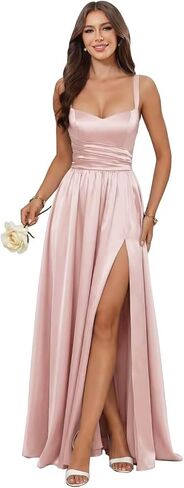 Floral Jacquard Bridesmaid Dresses for Women Satin Spaghetti Strap Prom Formal Evening Party Dress with Slit in Kuwait