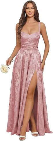 Floral Jacquard Bridesmaid Dresses for Women Satin Spaghetti Strap Prom Formal Evening Party Dress with Slit in Kuwait
