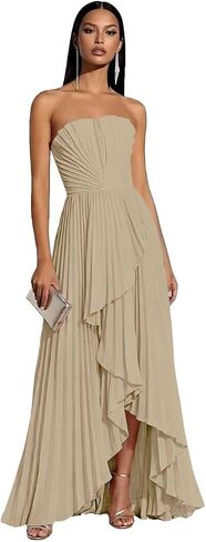 Strapless Chiffon Bridesmaid Dresses A Line Long Hi-Lo Pleated Formal Dresses for Women in Saudi Arabia
