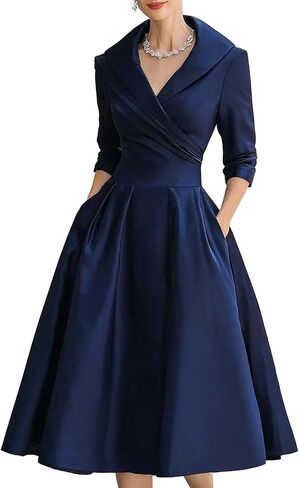 SHINFY Women Casual Wrap Dress Lapel V-Neck Satin A Line 3/4 Sleeve Elegant Formal Midi Dresses with Pockets in Saudi Arabia