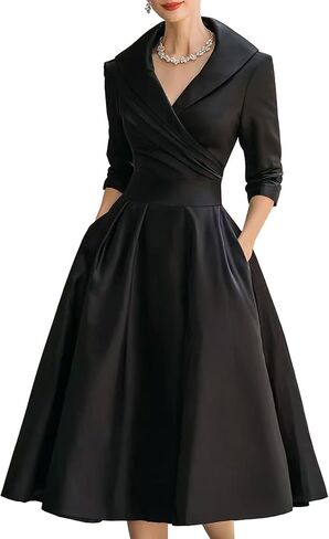SHINFY Women Casual Wrap Dress Lapel V-Neck Satin A Line 3/4 Sleeve Elegant Formal Midi Dresses with Pockets in Saudi Arabia