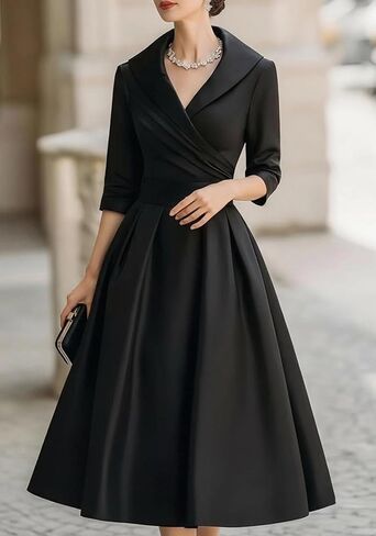 SHINFY Women Casual Wrap Dress Lapel V-Neck Satin A Line 3/4 Sleeve Elegant Formal Midi Dresses with Pockets in Saudi Arabia