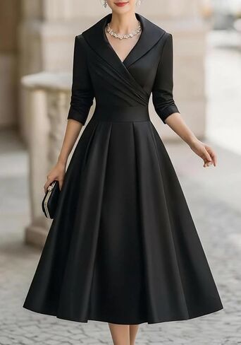 SHINFY Women Casual Wrap Dress Lapel V-Neck Satin A Line 3/4 Sleeve Elegant Formal Midi Dresses with Pockets in Saudi Arabia