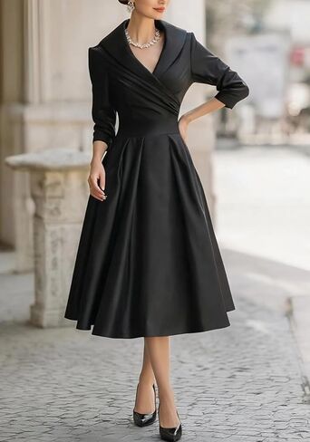 SHINFY Women Casual Wrap Dress Lapel V-Neck Satin A Line 3/4 Sleeve Elegant Formal Midi Dresses with Pockets in Saudi Arabia