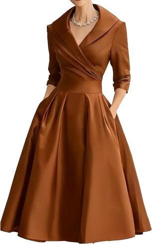 SHINFY Women Casual Wrap Dress Lapel V-Neck Satin A Line 3/4 Sleeve Elegant Formal Midi Dresses with Pockets in Saudi Arabia