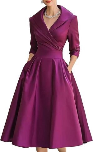 SHINFY Women Casual Wrap Dress Lapel V-Neck Satin A Line 3/4 Sleeve Elegant Formal Midi Dresses with Pockets in Saudi Arabia