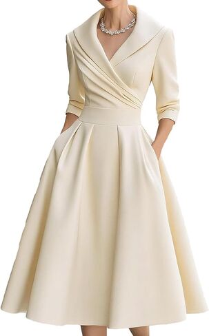 SHINFY Women Casual Wrap Dress Lapel V-Neck Satin A Line 3/4 Sleeve Elegant Formal Midi Dresses with Pockets in Saudi Arabia