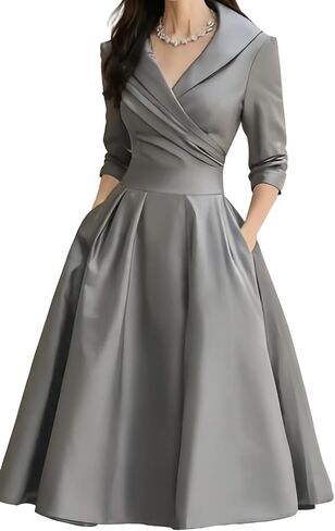 SHINFY Women Casual Wrap Dress Lapel V-Neck Satin A Line 3/4 Sleeve Elegant Formal Midi Dresses with Pockets in Saudi Arabia