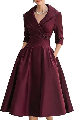 SHINFY Women Casual Wrap Dress Lapel V-Neck Satin A Line 3/4 Sleeve Elegant Formal Midi Dresses with Pockets in Saudi Arabia