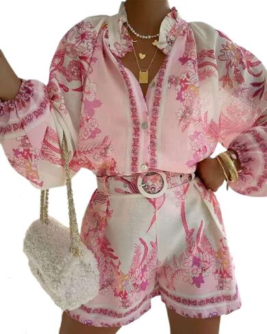 ksotutm Womens 2 Piece Outfits Boho Lantern Sleeve Button Down Floral Print Shirt Shorts Tracksuit Lounge Set Shorts Set in Saudi Arabia