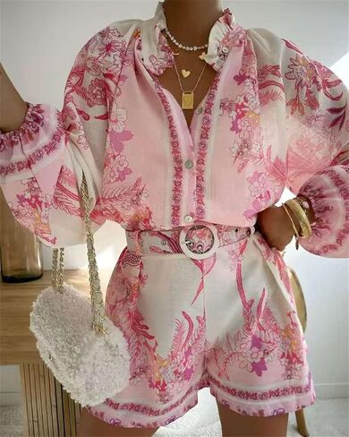 ksotutm Womens 2 Piece Outfits Boho Lantern Sleeve Button Down Floral Print Shirt Shorts Tracksuit Lounge Set Shorts Set in Saudi Arabia