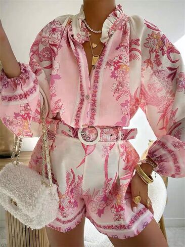 ksotutm Womens 2 Piece Outfits Boho Lantern Sleeve Button Down Floral Print Shirt Shorts Tracksuit Lounge Set Shorts Set in Saudi Arabia