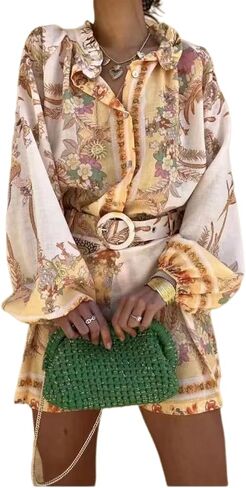 ksotutm Womens 2 Piece Outfits Boho Lantern Sleeve Button Down Floral Print Shirt Shorts Tracksuit Lounge Set Shorts Set in Saudi Arabia