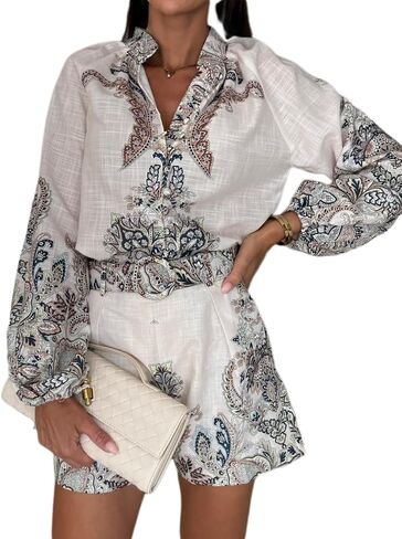 ksotutm Womens 2 Piece Outfits Boho Lantern Sleeve Button Down Floral Print Shirt Shorts Tracksuit Lounge Set Shorts Set in Saudi Arabia