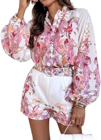 ksotutm Womens 2 Piece Outfits Boho Lantern Sleeve Button Down Floral Print Shirt Shorts Tracksuit Lounge Set Shorts Set in Saudi Arabia