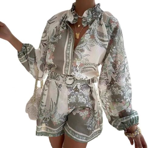 ksotutm Womens 2 Piece Outfits Boho Lantern Sleeve Button Down Floral Print Shirt Shorts Tracksuit Lounge Set Shorts Set in Saudi Arabia