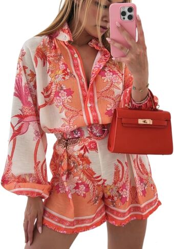 ksotutm Womens 2 Piece Outfits Boho Lantern Sleeve Button Down Floral Print Shirt Shorts Tracksuit Lounge Set Shorts Set in Saudi Arabia