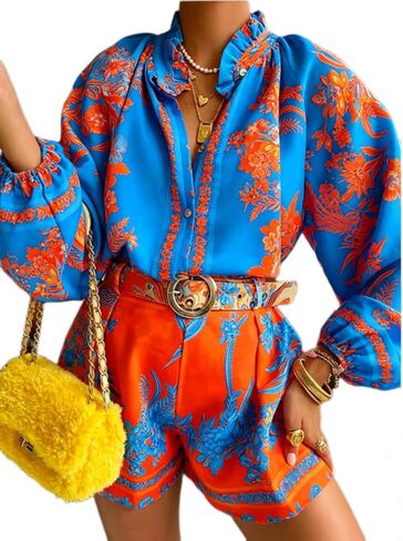 ksotutm Womens 2 Piece Outfits Boho Lantern Sleeve Button Down Floral Print Shirt Shorts Tracksuit Lounge Set Shorts Set in Saudi Arabia