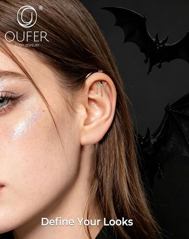 OUFER Bat Hidden Helix Jewelry-16G Halloween Black CZ Chain Star Pendant Vertical Helix Piercing Jewelry, Flat Back Earring Vertical Rook Tragus Earrings in Kuwait