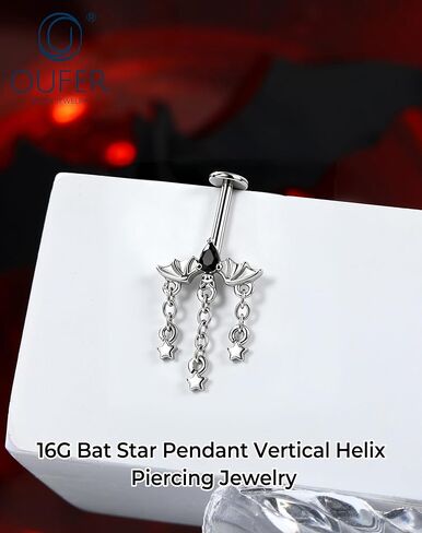 OUFER Bat Hidden Helix Jewelry-16G Halloween Black CZ Chain Star Pendant Vertical Helix Piercing Jewelry, Flat Back Earring Vertical Rook Tragus Earrings in Kuwait