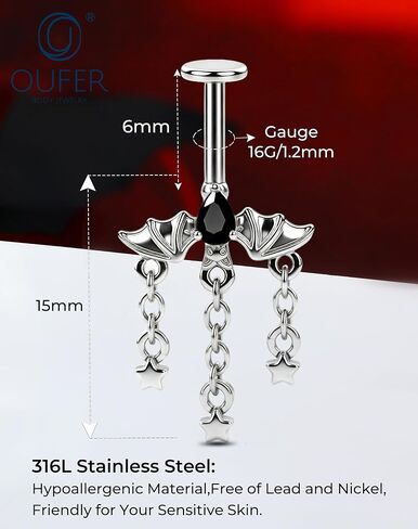 OUFER Bat Hidden Helix Jewelry-16G Halloween Black CZ Chain Star Pendant Vertical Helix Piercing Jewelry, Flat Back Earring Vertical Rook Tragus Earrings in Kuwait