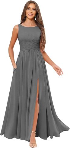 Women’s Scoop Neck Bridesmaid Dresses Pleated Chiffon Formal Dress A-line Wedding Guest Dress with Pockets in Saudi Arabia