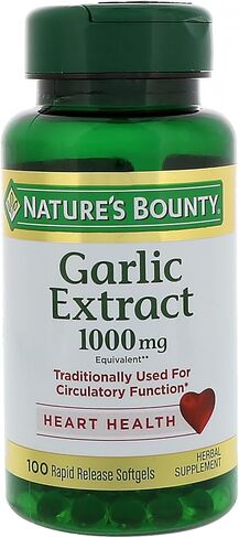مستخلص الثوم من Nature's Bounty 1000 مجم، يعزز صحة القلب ويدعم الكوليسترول، 100 كبسولة هلامية سريعة الإصدار، تحتوي على زيت فول الصويا، والجيلاتين، والجلسرين النباتي. in Kuwait