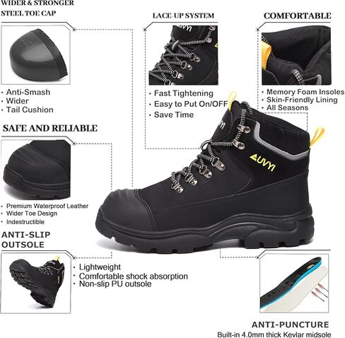 AUVYI Waterproof Work Boots For Men - Steel Toe Boots Comfortable Safety Wide Toe Shoes for Men, Slip Resistant botas de trabajo para hombre Work Shoes for Industrial & Construction in Kuwait