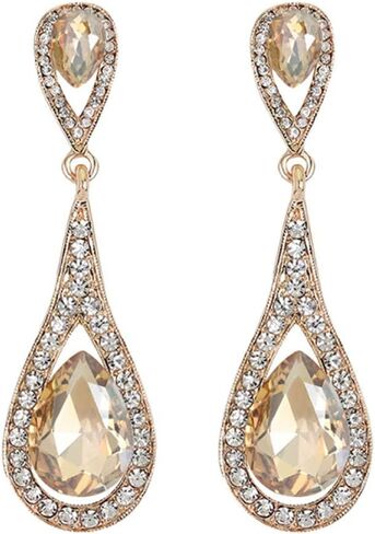 Gold Tone Antique Vintage Retro Deco Gatsby Flapper Style Champagne Amber Yellow Citrine Zircon Rhinestone Pear Dangle Earrings in Kuwait