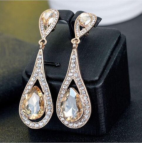 Gold Tone Antique Vintage Retro Deco Gatsby Flapper Style Champagne Amber Yellow Citrine Zircon Rhinestone Pear Dangle Earrings in Kuwait