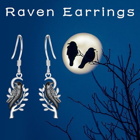 Gothic Raven Earrings for Women - Silver Crow Moon Earring Black Raven Jewelry Gothic Bird Dangle Earrings for Halloween Gifts for Bird Lovers in Saudi Arabia