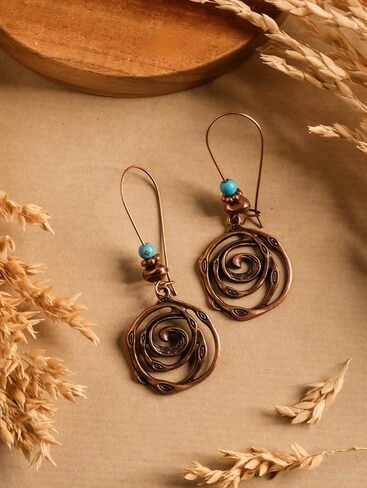 MINACHI Boho Antique Copper Tone Spiral Swirl Dangle Drop Earrings with Created Turquoise Beads, Vintage Tribal Statement Jewelry Gift for Women in Kuwait