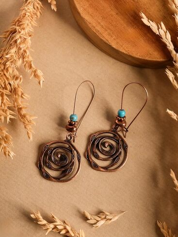MINACHI Boho Antique Copper Tone Spiral Swirl Dangle Drop Earrings with Created Turquoise Beads, Vintage Tribal Statement Jewelry Gift for Women in Kuwait