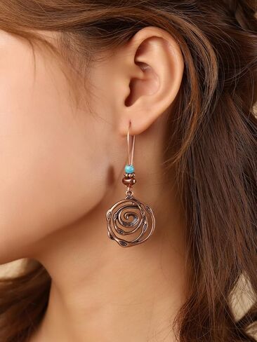 MINACHI Boho Antique Copper Tone Spiral Swirl Dangle Drop Earrings with Created Turquoise Beads, Vintage Tribal Statement Jewelry Gift for Women in Kuwait