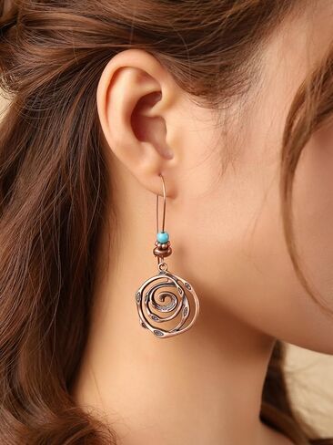 MINACHI Boho Antique Copper Tone Spiral Swirl Dangle Drop Earrings with Created Turquoise Beads, Vintage Tribal Statement Jewelry Gift for Women in Kuwait
