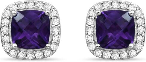 Jewelili Sterling Silver Halo Stud Earrings for Women | 5x5 MM Cushion Amethyst & Round Created White Sapphire | Push Back Post | Gift Box Included | Timeless Fashion Jewelry in Kuwait