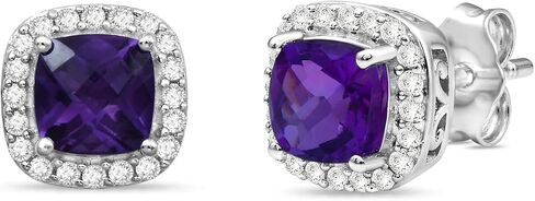 Jewelili Sterling Silver Halo Stud Earrings for Women | 5x5 MM Cushion Amethyst & Round Created White Sapphire | Push Back Post | Gift Box Included | Timeless Fashion Jewelry in Kuwait
