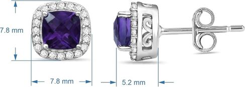 Jewelili Sterling Silver Halo Stud Earrings for Women | 5x5 MM Cushion Amethyst & Round Created White Sapphire | Push Back Post | Gift Box Included | Timeless Fashion Jewelry in Kuwait