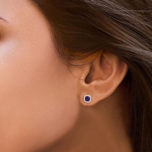 Jewelili Sterling Silver Halo Stud Earrings for Women | 5x5 MM Cushion Amethyst & Round Created White Sapphire | Push Back Post | Gift Box Included | Timeless Fashion Jewelry in Kuwait