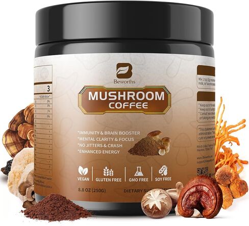 Mushroom Coffee - Lions Mane Mushroom Powder Instant Coffee with Lion's Mane, Reishi, Chaga, Cordyceps, and Turkey Tail - Mushroom Coffee Alternative for Energy, Mental Clarity & Focus, Brain Booster in Kuwait