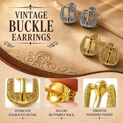 Belt Buckle Western Earrings for Women, Vintage Engraved Cowgirl Earrings, Cowboy Stud Earrings for Women, Country Music Festival Jewelry in Saudi Arabia