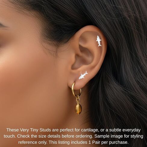 925 Sterling Silver Shark Stud Earrings Summer Beach Ocean Animal-Themed Very Tiny Second Ear Stackable Jewelry in Saudi Arabia