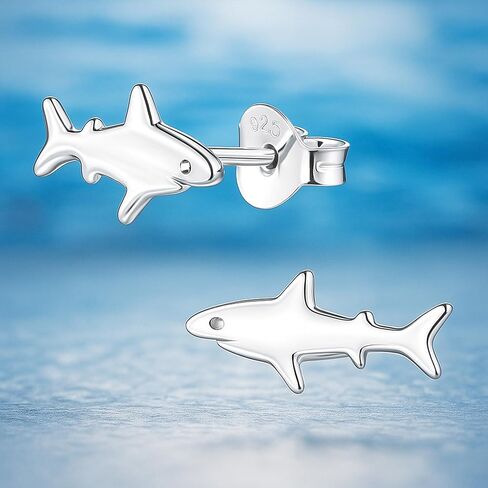 925 Sterling Silver Shark Stud Earrings Summer Beach Ocean Animal-Themed Very Tiny Second Ear Stackable Jewelry in Saudi Arabia
